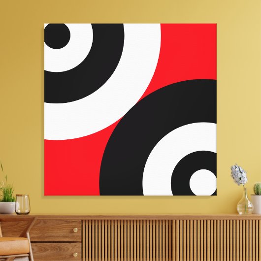 Zwart-witte Abstracte cirkels op rood Canvas Afdruk (Insitu (Woonkamer))