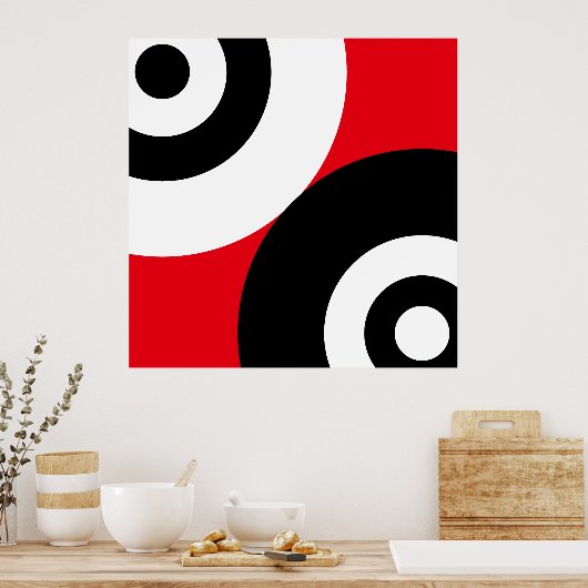 Zwart-witte Abstracte cirkels op rood Poster (Keuken)