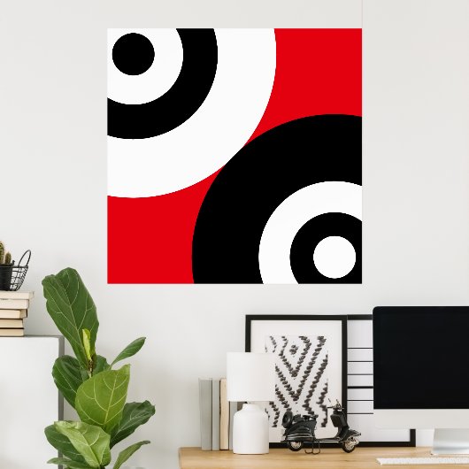 Zwart-witte Abstracte cirkels op rood Poster (Thuiskantoor)
