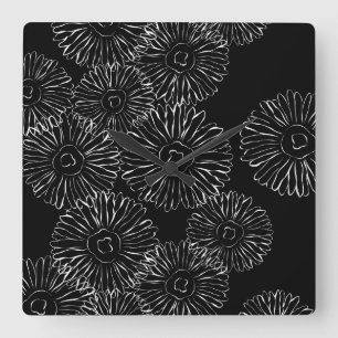 Zwart-witte abstracte lente bloemen vierkante klok