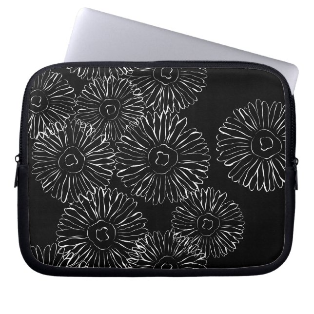 Zwart-witte abstracte lentebloemen laptop sleeve (Voorkant)