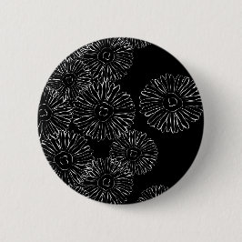 Zwart-witte abstracte lentebloemen ronde button 5,7 cm