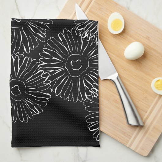 Zwart-witte abstracte lentebloemen theedoek (Quarter Fold)