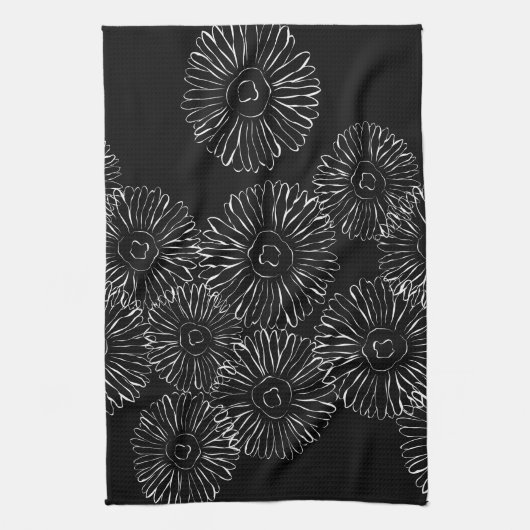 Zwart-witte abstracte lentebloemen theedoek (Verticaal)