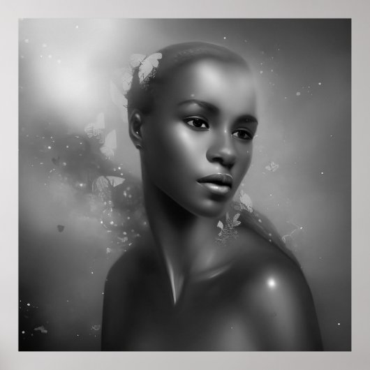 Zwart-witte Afrikaanse vrouwen vlinder monochroom Poster (Voorkant)