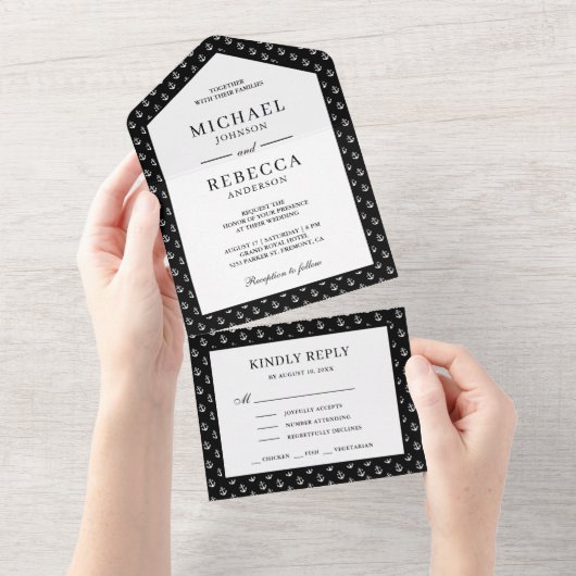 Zwart-witte anchors Nautical Wedding All In One Uitnodiging (Afscheurbaar)