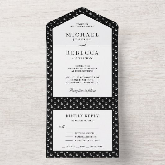 Zwart-witte anchors Nautical Wedding All In One Uitnodiging (Binnen)
