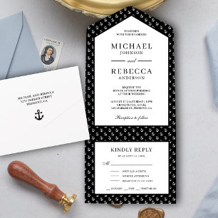 Zwart-witte anchors Nautical Wedding All In One Uitnodiging