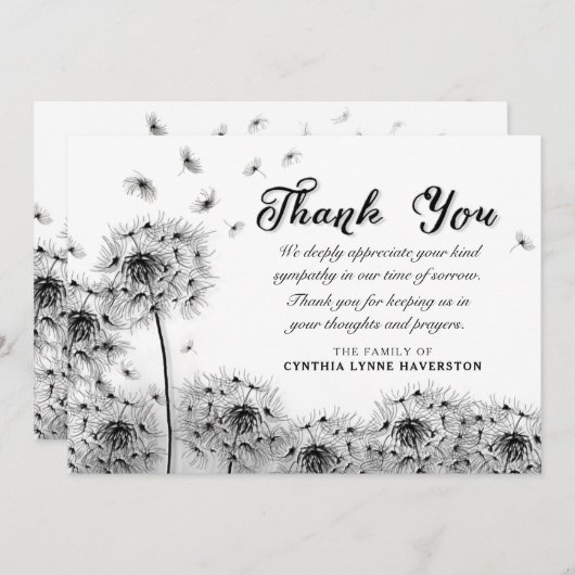 Zwart-witte andelion Hartelijk dank Bedankkaart (Voorkant / Achterkant)