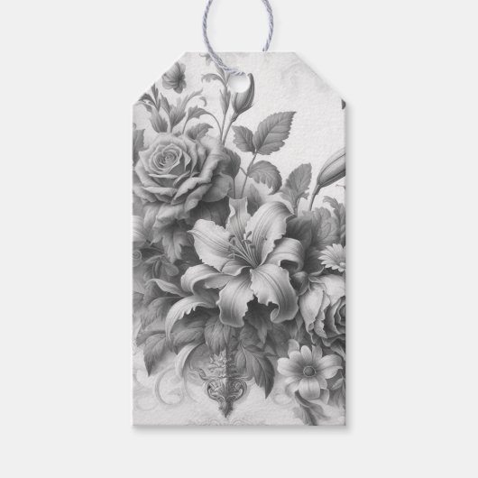 Zwart & Witte Antieke Bloemperfectie Cadeaulabel (Voorkant)