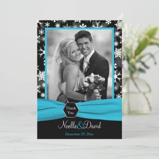 Zwart, Witte Aqua Sneeuwvlokken Dankkaart - Plat Kaart (Staand voorkant)