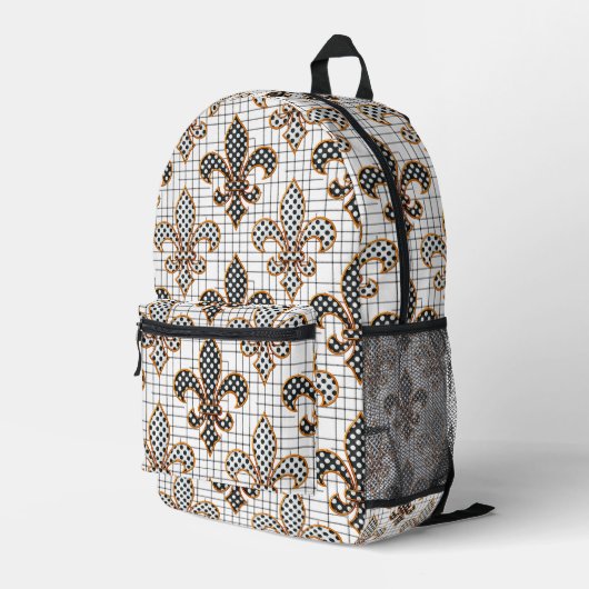 Zwart Witte Arcering Stippen Fleur-de-lis Bedrukte Rugzak (Achterkant Hoek Rechts)