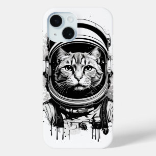 Zwart-witte astronaut kat iPhone 15 case