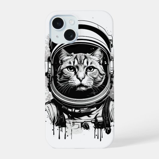 Zwart-witte astronaut kat iPhone 15 case (Achterkant)