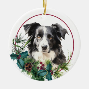 Zwart-Witte Australische Herdershond Groene Krans Keramisch Ornament