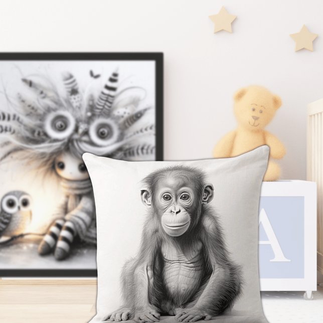 Zwart & Witte Baby Chimpansee Vierkante Worp Kusse Kussen (Creator heeft geüpload)