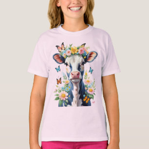 Zwart-witte Baby Koe met bloemkroon T-shirt