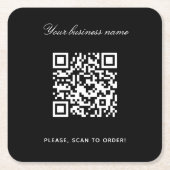 Zwart witte bedrijfsnaam qr-code kartonnen onderzetters (Voorkant)