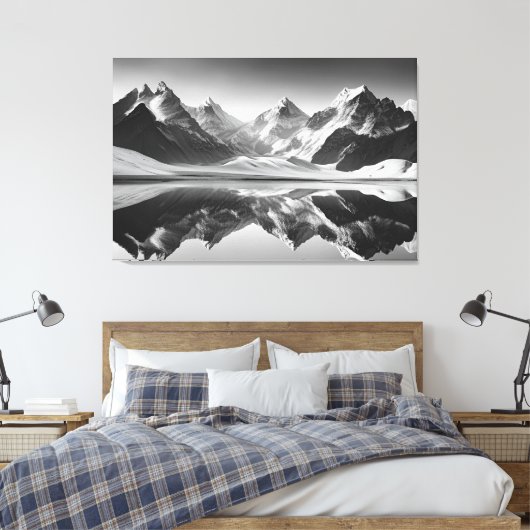 Zwart-witte bergketen reflectie canvas afdruk (Insitu (Slaapkamer))