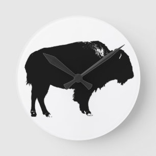 Zwart-witte bizon buffalo Silhouette Pop Art Ronde Klok