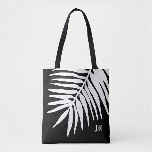 Zwart-witte bladmonogram tote bag (Voorkant)