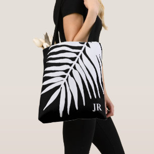 Zwart-witte bladmonogram tote bag