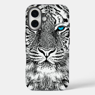 Zwart-witte blauwe ogen tijger iPhone 16 hoesje