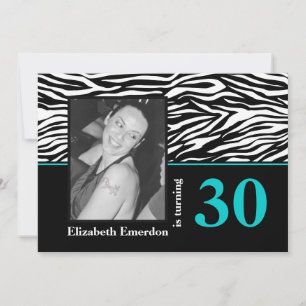 Zwart-witte blauwe zebra print foto 30e verjaardag kaart