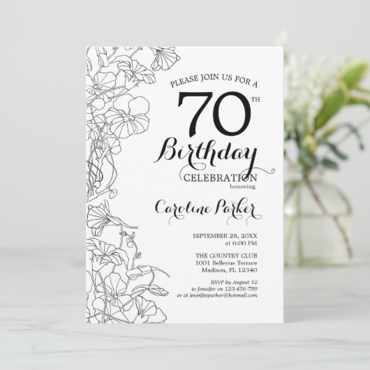 Zwart Witte Bloem 70ste Verjaardagsfeestje Kaart (Staand voorkant)
