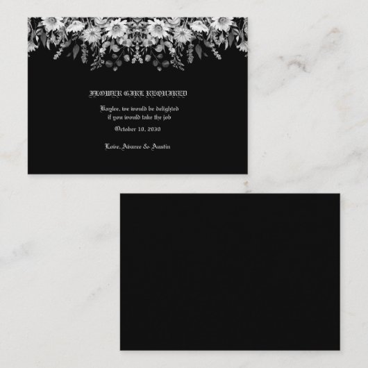 Zwart Witte Bloem Bruidsmeisje Bloemenmeisje Informatiekaartje (Voorkant / Achterkant)