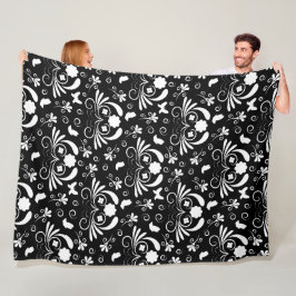 Zwart Witte Bloem Draai Vlinder Patroon Fleece Deken