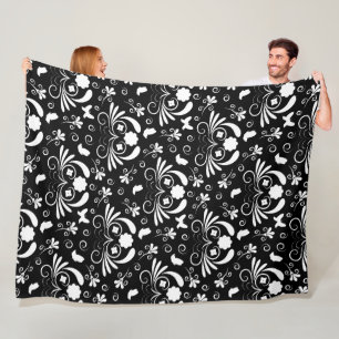 Zwart Witte Bloem Draai Vlinder Patroon Fleece Deken