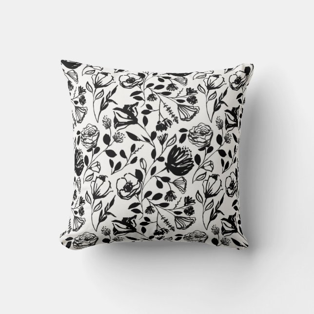 Zwart Witte Bloem Lijn Hand Getekend Trendy Kussen (Voorkant)