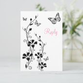 Zwart-witte bloem met vlinders antwoordkaart kaart (Staand voorkant)