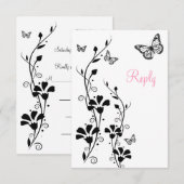 Zwart-witte bloem met vlinders antwoordkaart kaart (Voorkant / Achterkant)