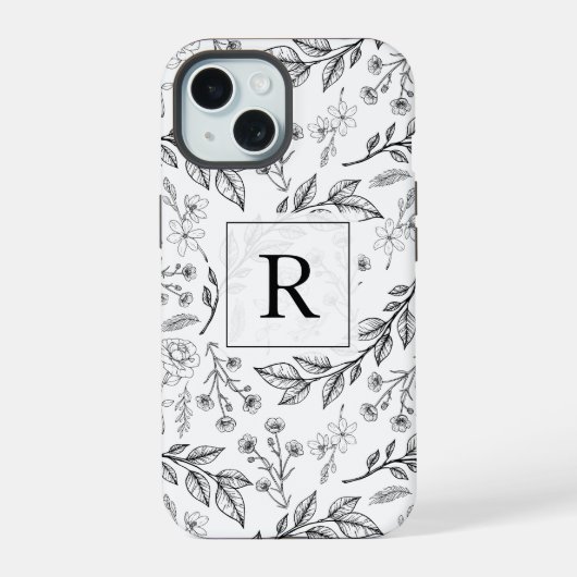 Zwart Witte Bloem Monogram iPhone 15 Case (Achterkant)