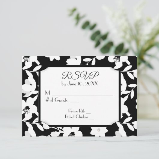 Zwart-witte bloem RSVP (Staand voorkant)