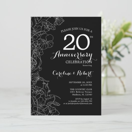 Zwart Witte Bloemen 20ste Verjaardag Kaart (Staand voorkant)