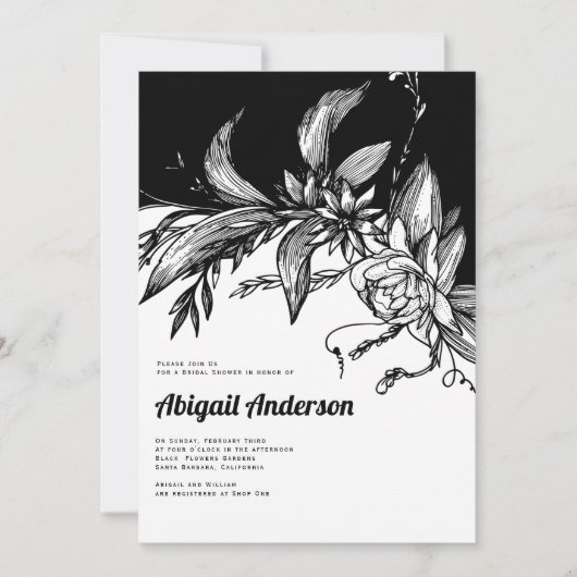 Zwart-witte bloemen bruiloft bruidsfeest kaart (Voorkant)