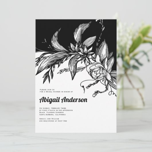 Zwart-witte bloemen bruiloft bruidsfeest kaart (Staand voorkant)