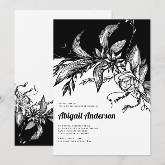 Zwart-witte bloemen bruiloft bruidsfeest kaart (Voorkant / Achterkant)