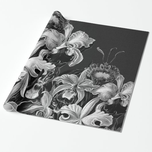 Zwart-witte bloemen cadeaupapier (Uitgerold)