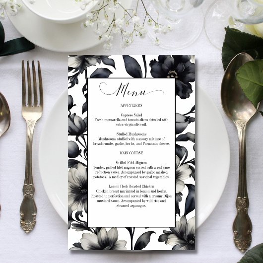 Zwart-witte bloemen elegante bruiloft menu