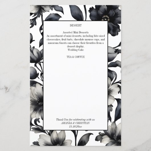 Zwart-witte bloemen elegante bruiloft menu (Achterkant)