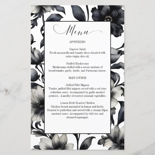 Zwart-witte bloemen elegante bruiloft menu (Voorkant)