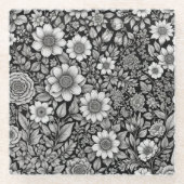 Zwart-witte bloemen en bladeren glazen onderzetter (Voorkant)