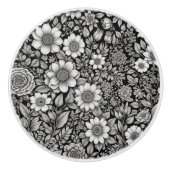 Zwart-witte bloemen en bladeren keramische knop (Voorkant)