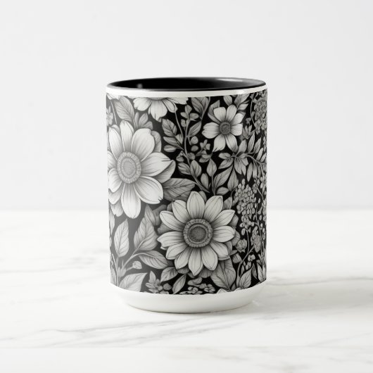 Zwart-witte bloemen en bladeren mok (Midden)