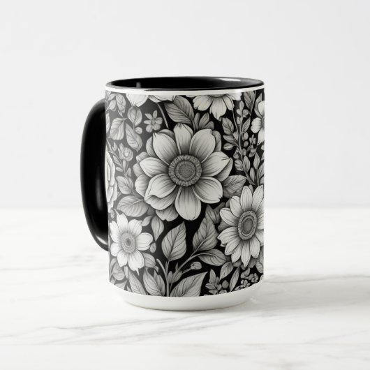 Zwart-witte bloemen en bladeren mok (Voorkant links)