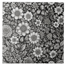 Zwart-witte bloemen en bladeren